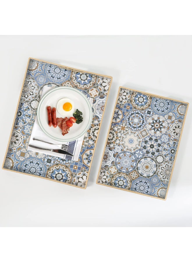 AGIOTA 2 Pcs Serving Tray with Handles Bohemian Decorative Tray Large Ottoman Trays for Living Room Blue Coffee Table Trays for Breakfast - Image 2